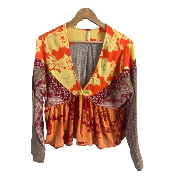 Free People Aloha State of Mind Patchwork Boho V-Neck Blouse Sz M - Picture 1 of 8